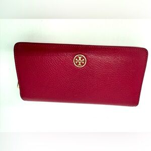 Tory Burch Magenta Pebbled Leather Wallet with Gold Logo
